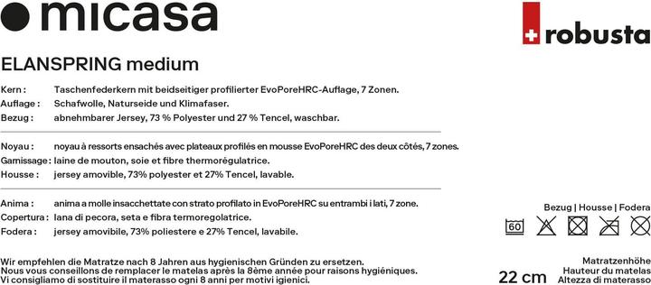 Nährwerte und Zutaten Robusta Swiss Bedding Elanspring (80 x 200 cm, Federkern)