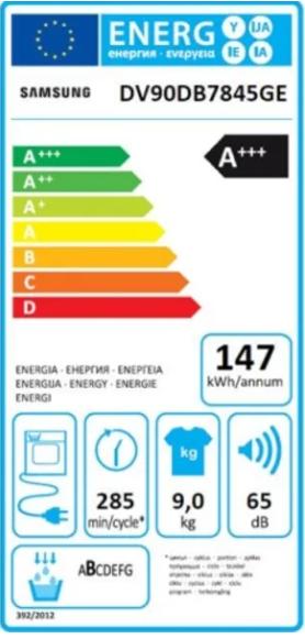 Label énergétique Samsung Wäschetrockner DV7400, 9kg, A+++ (9 kg, Droite)