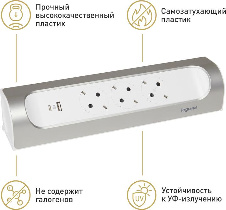 Actual product image Legrand Corner socket strip 3x socket, USB-A, USB-C, without cable Ultra white/aluminium 694504 (3 x)