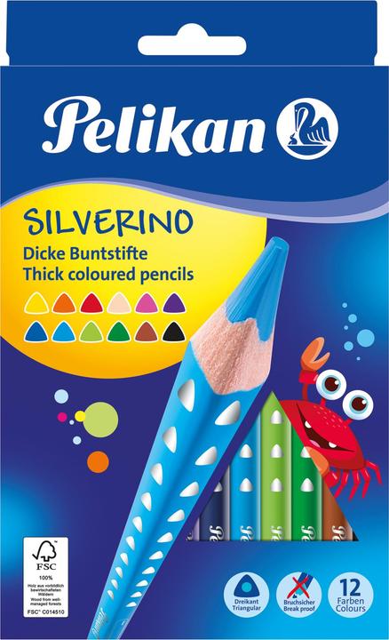 Image du produit Pelikan Crayons de couleur triangulaires Silverino (Orange, Jaune, Couleur de peau, Violet, Vert foncé, Pink, Noir, Rouge, Vert clair, Marron, Bleu foncé, Bleu clair, 12 x)
