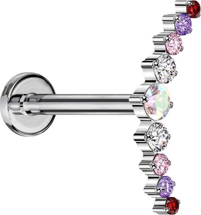 Star Piercing Micro Labret Innengewinde silber gebogen silber neun runde Kristalle farbig (Titan G23, ohne Messing)