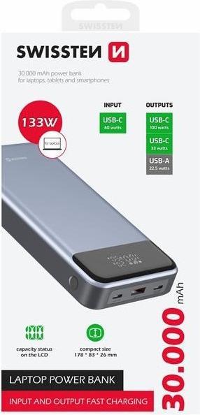 Actual product image Swissten POWER BANK 30000 mAh 133W POWER DELIVERY GREY (30000 mAh, 133 W)