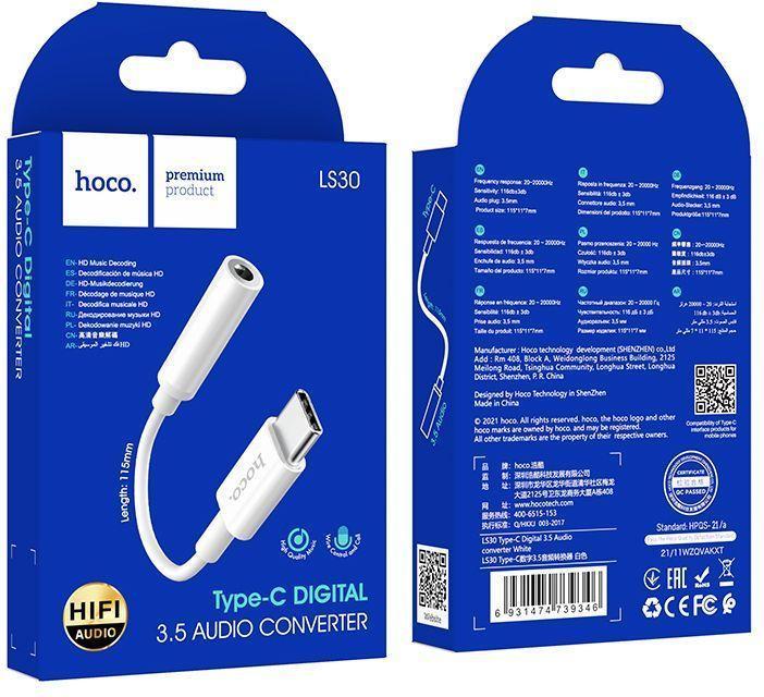 Produktbild Hoco - Audio Cable Adapter (LS30) - Type-C to Jack 3.5mm - White (0.15 m, 3.5mm Klinke (AUX))
