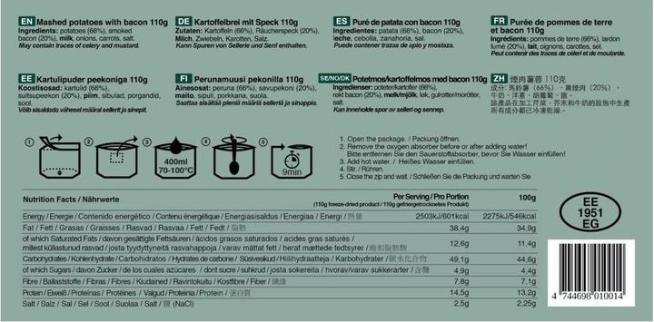 Valeurs nutritives et ingrédients Tactical Foodpack Pommes de terre bouillies et bacon (110 g)