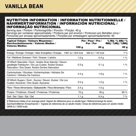 Valeurs nutritives et ingrédients Optimum Nutrition Lactosérum de platine (Vanille, 1 pcs, 1590 g)