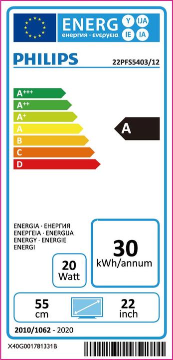 Energie-Label Philips 22pfs5403 (22", LCD, Full HD, 2018)