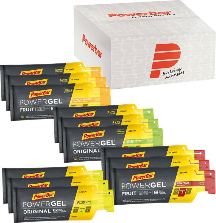 Powerbar PowerGel Multiflavour Box (Zitrone, Limette, Himbeer, Granatapfel, Grüner Apfel, Mango, Koffein, Maracuja, 12 Stk., 492 g)