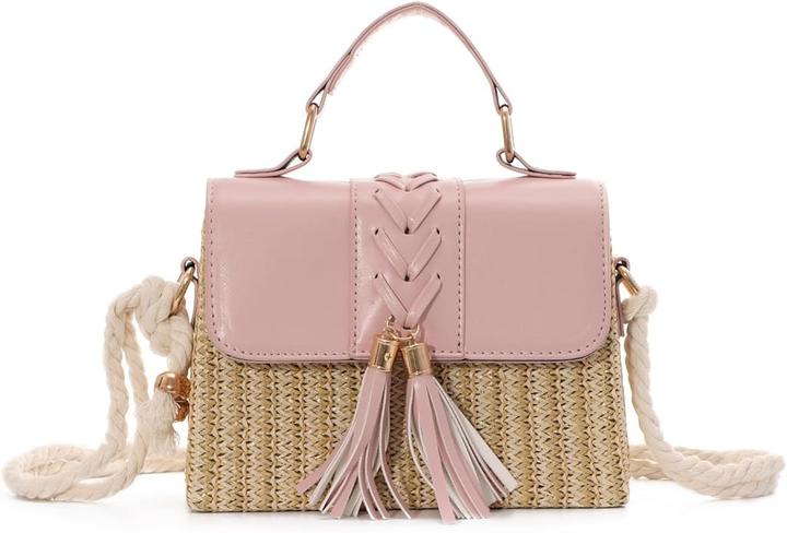 Only-Bags.Store Sac à main en paille tressée avec décor de houppes, mini sac de plage à bandoulière, poignée en