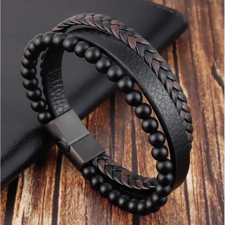 Immagine prodotto Cbx Bracciale in pelle con perline e fibbia magnetica 22 cm (22 cm, Cuoio, Acciaio inossidabile)