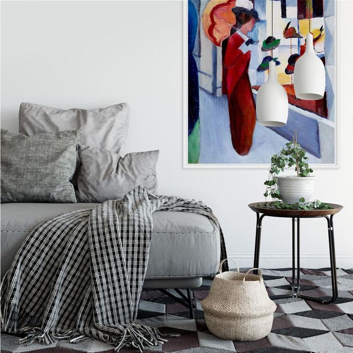 Produktbild Trenddeko Frau mit Sonnenschirm vor Hutladen (80 x 120 cm)
