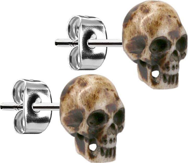 Star Piercing Ohrstecker silber Totenkopf aus Knochen braun (Organisch, ohne Messing, Chirurgenstahl 316L)
