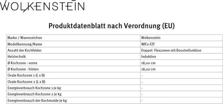 Nährwerte und Zutaten PKM Wolkenstein WIF2-FZF Induktionskochfeld Doppel- Flexzonen Boosterfunktion