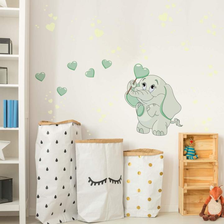 Image du produit Trenddeko Bébé éléphant avec coeurs + autocollants lumineux (45 x 60 cm, 30 x 40 cm, 38 x 50 cm)