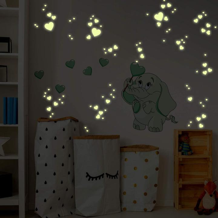 Image du produit Trenddeko Bébé éléphant avec coeurs + autocollants lumineux (45 x 60 cm, 30 x 40 cm, 38 x 50 cm)