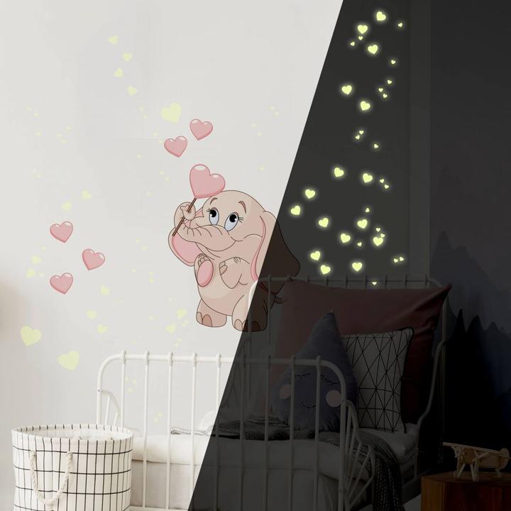 Immagine prodotto Trenddeko Bambino elefante con cuori + adesivi luminosi (45 x 60 cm, 30 x 40 cm, 38 x 50 cm)