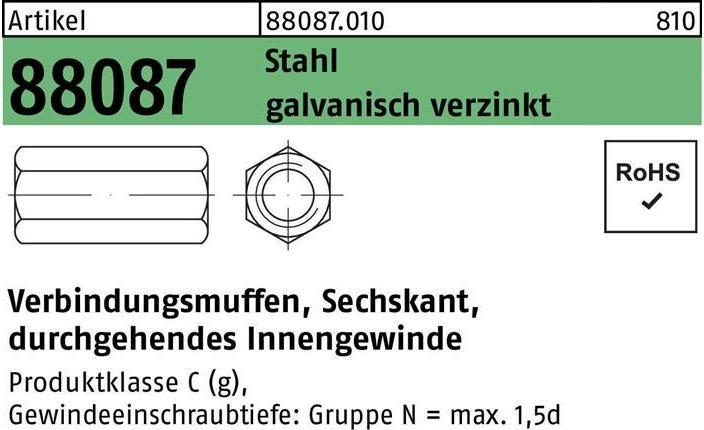 Image du produit Manchon de raccordement hexagonal R 88087 M 12 x 50 SW19 traversant IG acier gal Zn (M12)