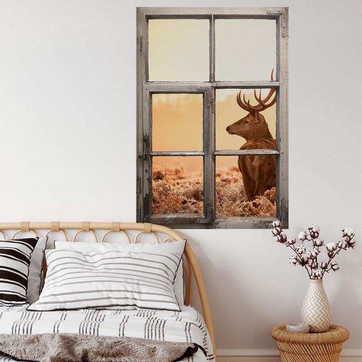 Produktbild Trenddeko 3D Fenster Shabby - Majestätischer Hirsch (120 x 81 cm)