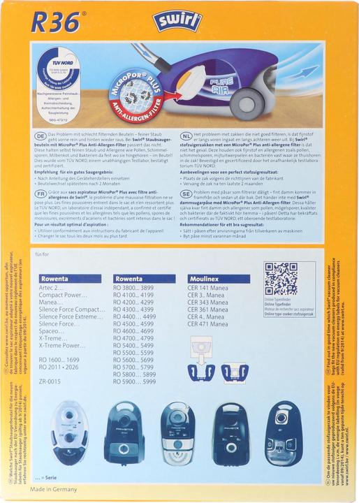 Actual product image Swirl Staubsaugerbeutel R36 MicroPor Plus für Rowenta und Moulinex Staubsauger