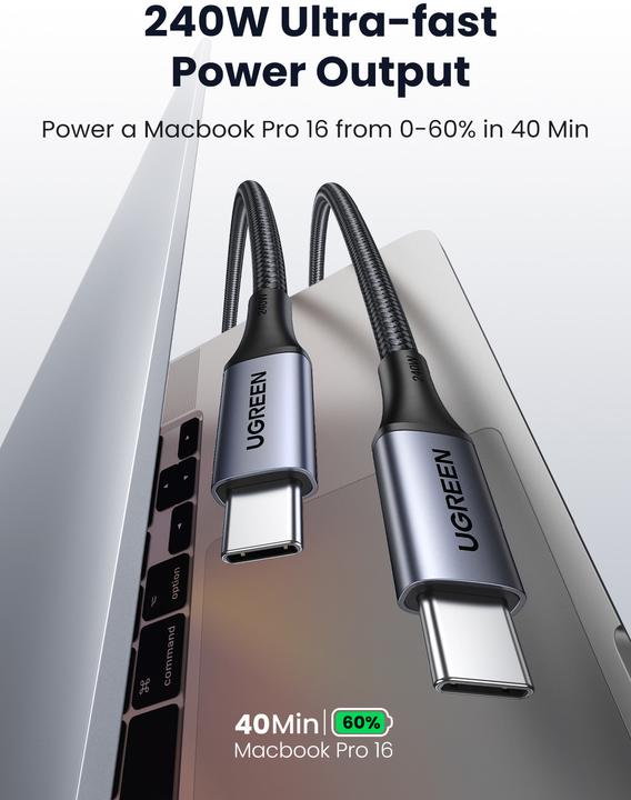 Productafbeelding Ugreen USB-C naar USB-C USB4 kabel, 240W, 2m (zwart) (2 m, USB 2.0)