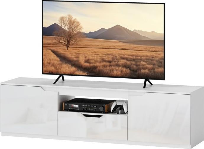 Immagine prodotto Swisshandel24 Hochglanz TV-Lowboard für Fernseher bis 65 Zoll, 3 Fächer, Schublade, Weiss (160 x 38 x 43 cm)