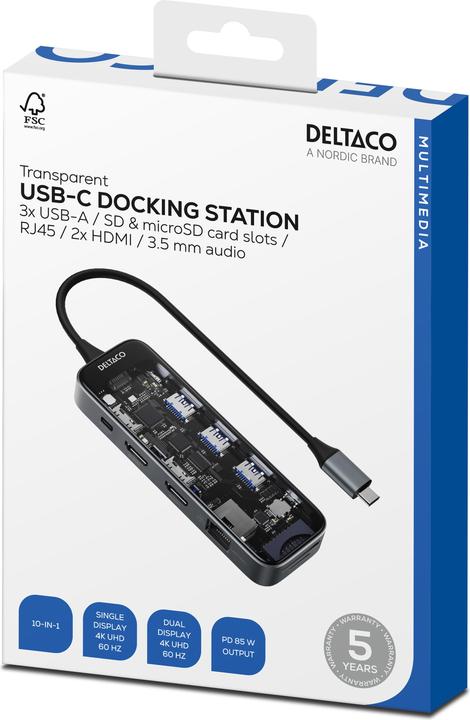 Actual product image Deltaco USB-C docking station 3xUSB/SD/microSD/2xHDMI/RJ45 (USB-C, 10 Ports)