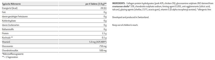 Valeurs nutritives et ingrédients Sponser Glucosamin Chondroitin (180 pièce(s), Cachets, 201 g)