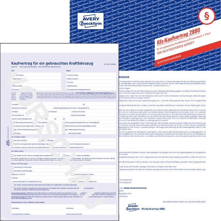 Produktbild Avery Kaufvertrag für ein gebrauchtes Kfz (4 x)