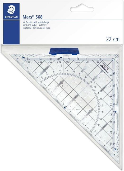 Produktbild Staedtler Geodreieck Mars, Hypotenuse 220 mm, glasklar aus Acryl, mit Tuschenoppen, abnehmbarer Griff (22 cm)