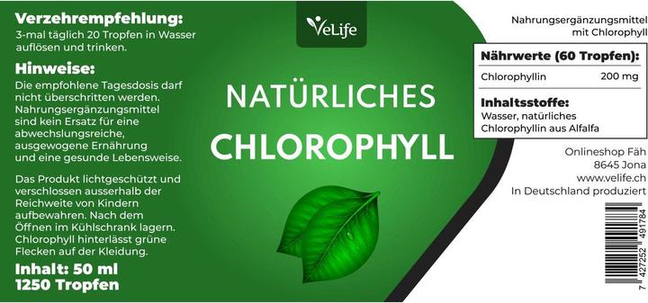 Valori nutrizionali e ingredienti VeLife Chlorophyll Tropfen (1 Pezzo/i, Goccia, 128 g)