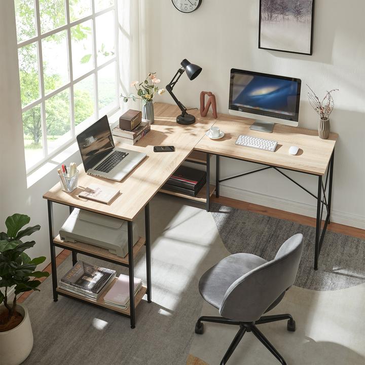 Produktbild En.Casa Schreibtisch Klirurud mit 2 Regalen L-förmig 150x150x75 cm Eicheoptik (150 x 150 x 75 cm)