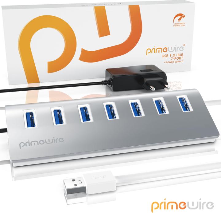 Actual product image Primewire 7 Port USB 3.2 Hub with Power Supply,USB Hub Brushed Aluminium Housing (USB-A, 7 Ports)