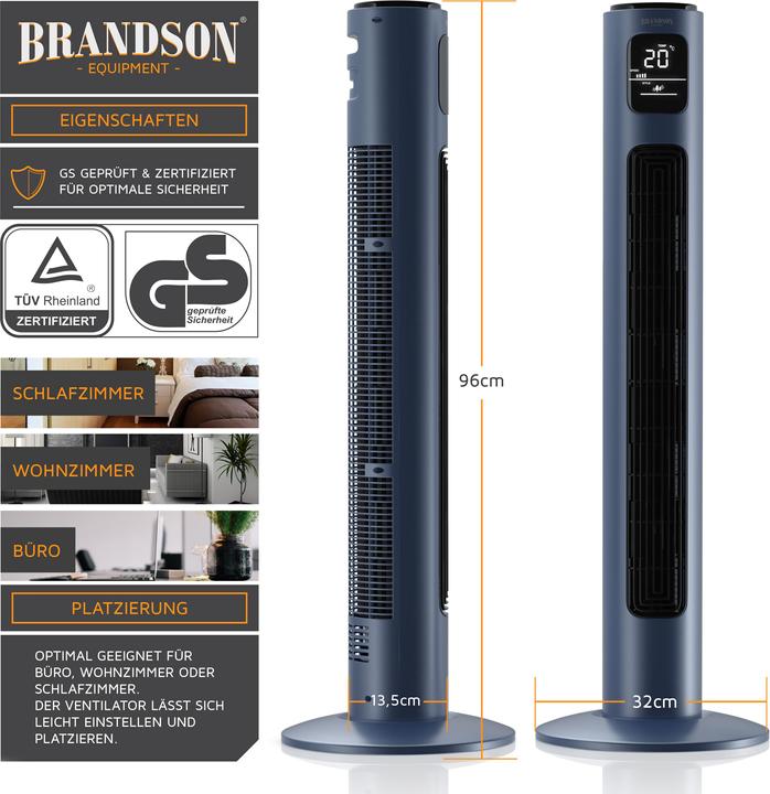 Immagine prodotto Brandson Ventilatore a torre, oscillazione 65°, timer, telecomando, ventilatore da piedistallo 96cm, blu (48 dB)