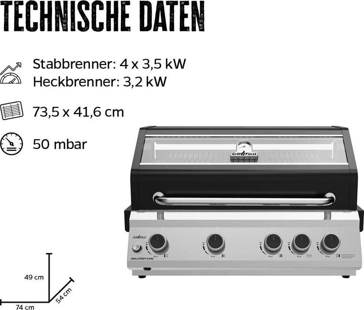 Grillfürst G490G 4-Brenner Einbaugrill mit Heckbrenner und Gusseisen Rosten (14 kW)