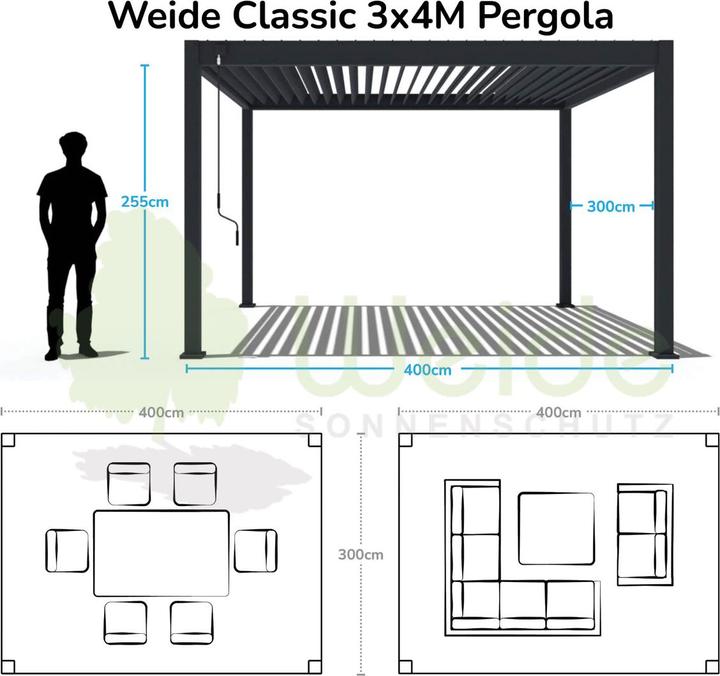 Produktbild Weide Classic | Aluminium Pavillon | 3 x 4 M | Lamellendach anthrazit | Pergola freistehend (300 cm, 225 cm)