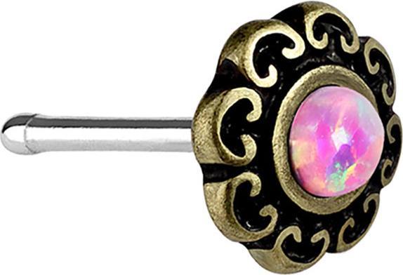 Star Piercing Nasenstecker gerade altgold filigranen Tribal Herzen mit Opal pink (Chirurgenstahl 316L, Messing)