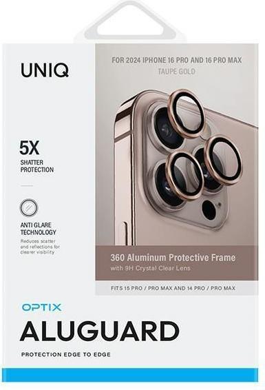 Actual product image Uniq Optix Aluminium Camera Lens Protector iPhone 16 Pro 6.3" / 16 Pro Max 6.9" taupe gold szkło na (1 Piece, Apple iPhone 16 Pro Max)
