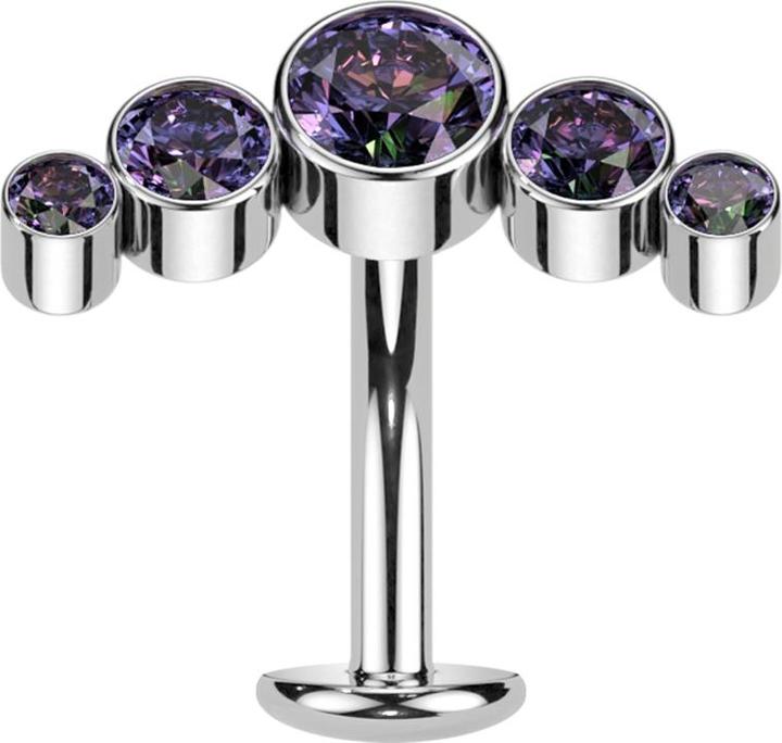 Star Piercing Threadless Labret-Stab Banane silber fünf Kristalle dunkel multicolor (Titan G23)