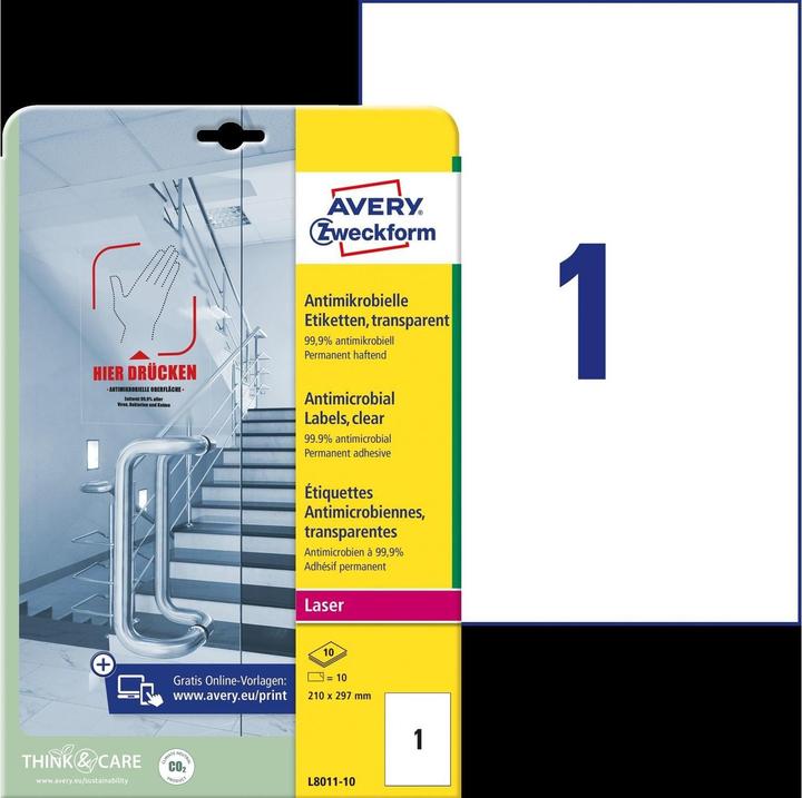 Actual product image Avery AVZ L8011-10 Antimicrobial labels 210x297mm transparent
