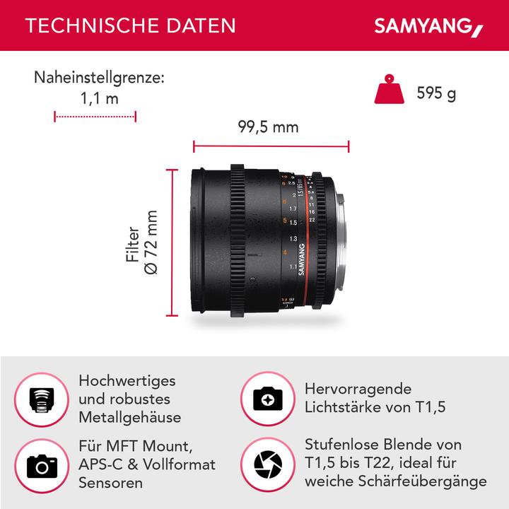Immagine prodotto Samyang 85mm T1.5 VDSLR II MFT (Micro Four Thirds, Full-frame)