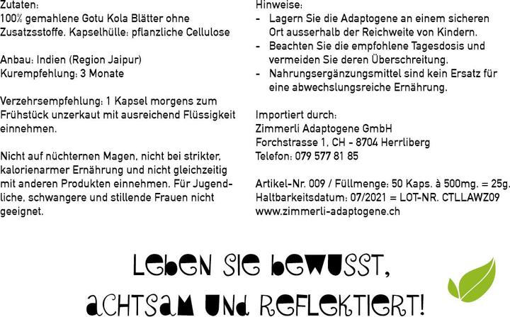 Nährwerte und Zutaten Zimmerli Adaptogene Gotu Kola Kapseln 50 Kapseln (1 Stück, Kapseln, 25 g)