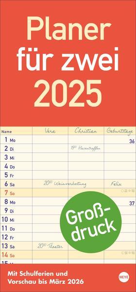 Produktbild Grossdruck Planer für zwei 2025 (21 x 45 cm, Harter Einband, Deutsch)