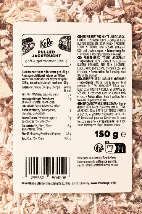 Nutritional values and ingredients KoRo Freeze-dried young jackfruit, shredded and blanched (150 g)