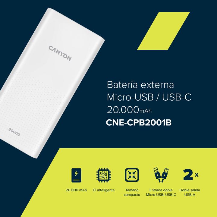 Actual product image Canyon Power bank PB-2001 20000 mAh White (20000 mAh, 20 W, 74 Wh)