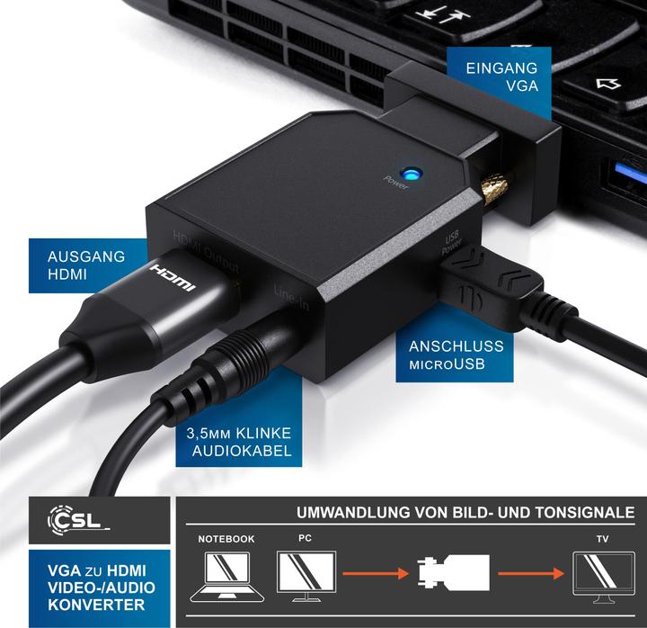 Produktbild CSL VGA auf HDMI Adapter mit Audio + VGA + USB, VGA zu HDMI Konverter für PC, Laptop, Fernseher (HDMI, 7.60 cm)