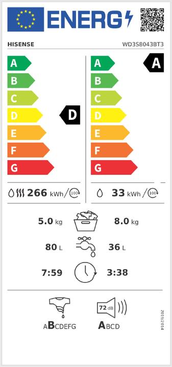 Energie-Label Hisense WD3S8043BW3 Freistehender Waschtrockner 8Kg