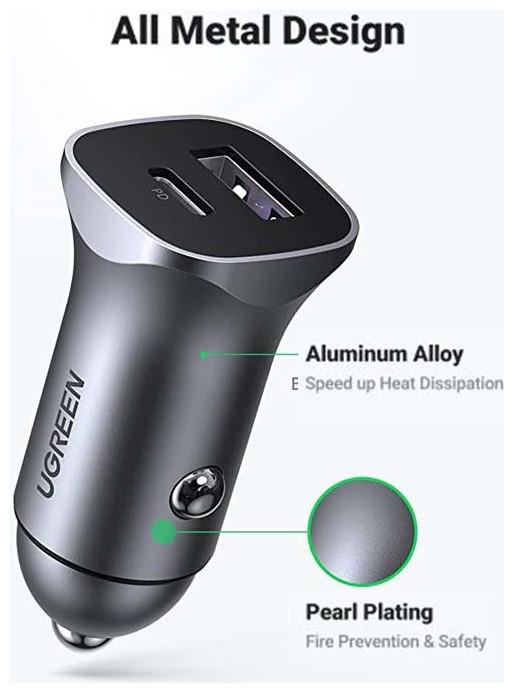 Image du produit Ugreen CD130 Car Charger, USB-A+PD 3.0, USB-C, QC3.0 30W (Grey)