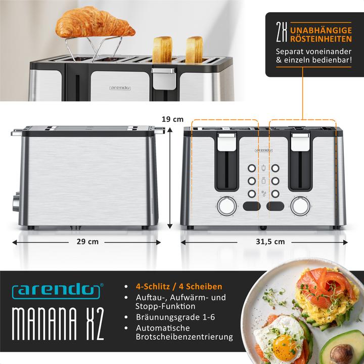 Immagine prodotto Arendo Toaster 4 Scheiben Kurzschlitz, Edelstahl, Automatik, Wärmeisolierendes Doppelwandgehäuse, 1750 W