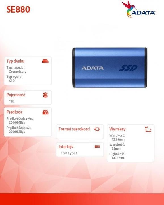 Actual product image Adata Dysk zewnętrzny SSD SE880 1TB USB3.2A/C Gen2x2 Niebieski (1000 GB)