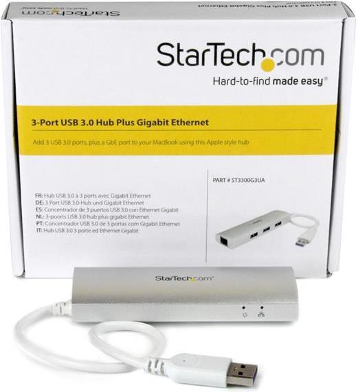 Produktbild StarTech 3 Port mobiler USB 3.0 Hub plus Gigabit Ethernet - Aluminium USB Hub mit Gigabit Ethernet Adapter (USB-A, 4 Ports)