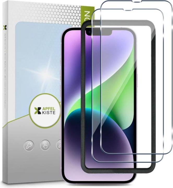 Actual product image Apfelkiste - Panzer Glas Displayschutzfolie mit Montagerahmen (2er Set) (2 Piece, Apple iPhone 14)